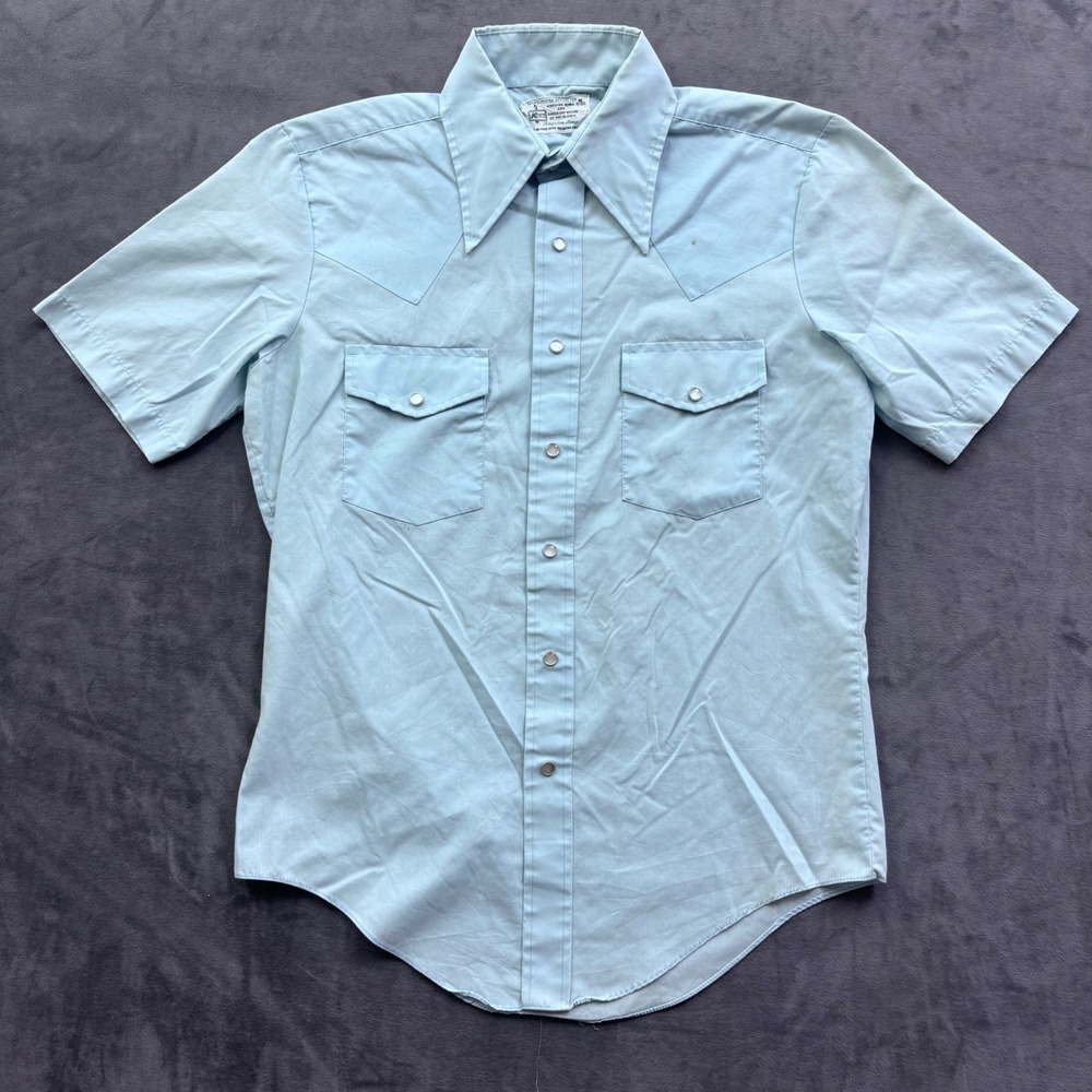 Vintage Kmart Mens Western Pearl Snap Shirt Short Sleeve Blue Yoke Medium 70s